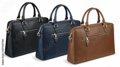 Structured leather briefcase style handbags in black navy and brown with gold hardware and top handles on a white background