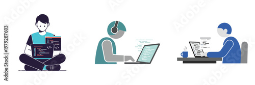 A flat minimalist vector illustration set of a programmer coding on a laptop, modern flat design, no linework, white background