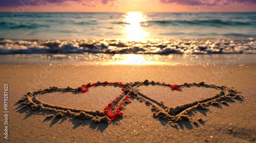 Two hearts drawn in the sand on a beach at sunset