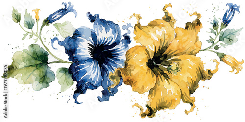 Delicate watercolor illustration of blue and yellow petunia flowers with green leaves and tendrils