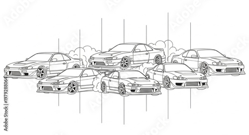 Collection of Sports Cars Illustrated in Black and White Sketch.