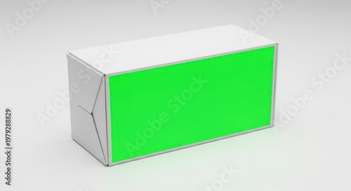 Isolated rectangular frozen food carton box with green chroma key screen for custom branding, packaging design mockups