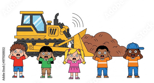 Children standing near bulldozer machine.