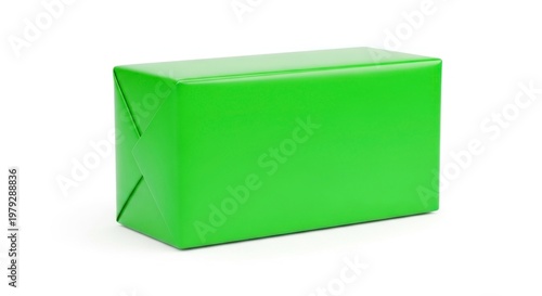 Isolated rectangular gift box wrapped in solid lime green paper, perfect for holiday celebrations, birthday surprises