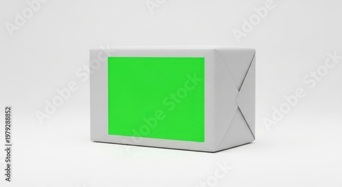 Isolated rectangular gift box wrapped in textured grey paper featuring a blank bright green label for custom branding
