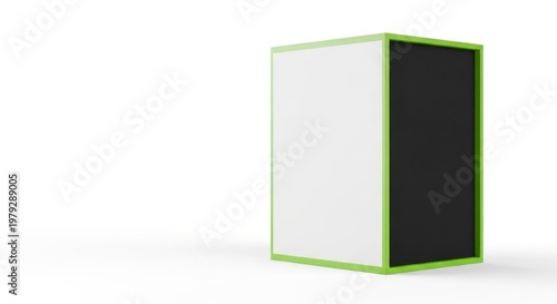 Isolated rectangular loudspeaker box with green frame, white and black panels, audio equipment for sound system technology