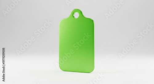 Isolated rectangular lime green metal pet tag with rounded top loop, metal accessory for dog or cat identification