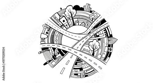 Circular Cityscape with Intersecting Roads and Buildings.