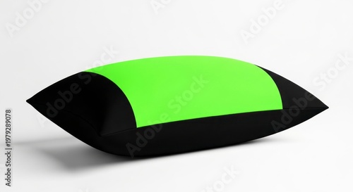 Isolated rectangular pillow with black and neon lime green color block design, perfect for home decor and interior staging