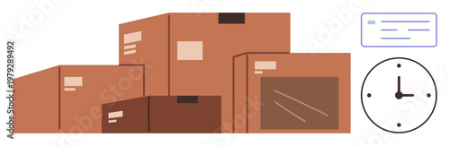 Logistics, delivery services, e-commerce shipping, supply chain, time management, packaging. Stack of cardboard boxes, clock and shipping label. Logistics and delivery services concept