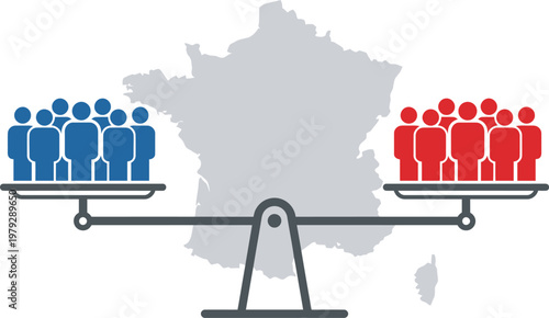 Vector graphic of a seesaw balancing blue and red people icons on a with a grey map of france