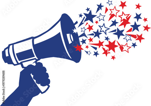 Vibrant illustration of a hand holding a megaphone with red and blue stars bursting out