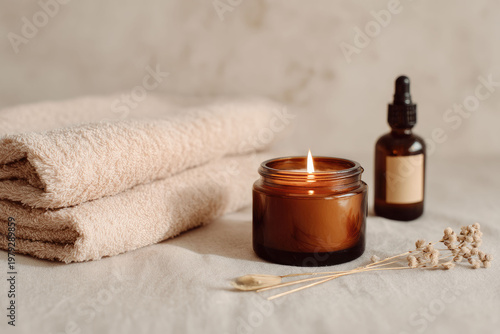 Minimal spa composition with candle, towel and essential oil, natural skincare and relaxation concept