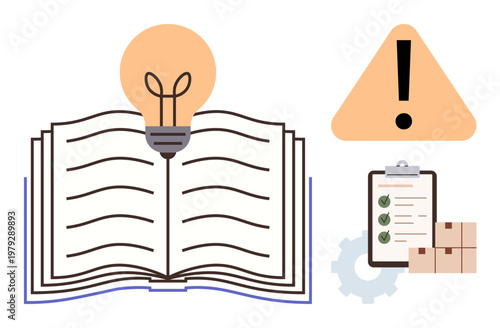 Education, innovation, safety, planning, logistics, organization. Open book with a light bulb symbol, warning sign and clipboard with checklist. Education and innovation concepts