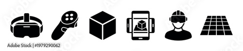 Virtual reality and augmented reality technology icons representing immersive digital experiences, gaming, simulation, and interactive metaverse concepts for modern applications.