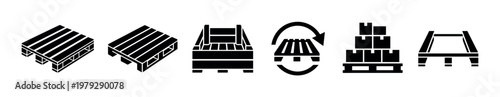 Pallets and logistics icons representing various aspects of warehouse operations, shipping, and cargo transportation for modern supply chain management.