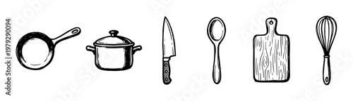Various hand drawn kitchen utensils and cooking equipment are neatly arranged in a row, showcasing essential tools for culinary preparation and cooking.