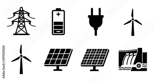 Energy and electricity icons representing various power sources and infrastructure, including renewable options like solar, wind, and hydro, alongside traditional transmission and storage.