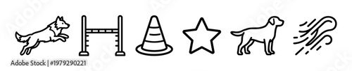Dogs agility training equipment and related symbols are depicted in a clean black outline icon set for various pet-themed designs.