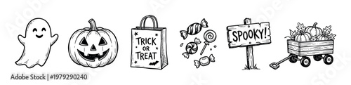 Halloween spooky ghost pumpkin trick treat candy collection of hand-drawn doodle illustrations for festive autumn celebrations and scary holiday designs.