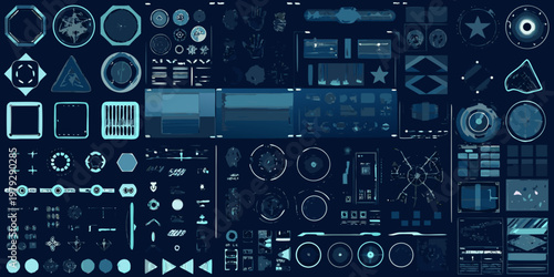 Collection of futuristic user interface elements in shades of blue