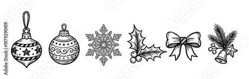 Christmas decorations doodle set featuring festive ornaments, a snowflake, holly, a bow, and pine branches with bells and stars, all hand-drawn in a charming sketch style.