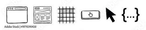 Hand drawn web design development interface icons representing various elements of user experience and coding, perfect for illustrating digital product creation processes.