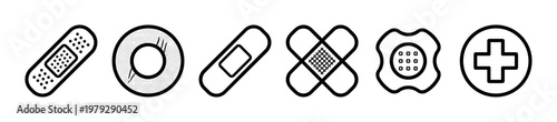 Various adhesive bandages and first aid symbols are displayed in a clean, minimalist black outline icon set, representing medical care and wound protection.