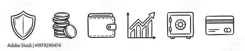Financial and security icons set in a hand-drawn style illustrating concepts of money, protection, investment, growth, and banking transactions.
