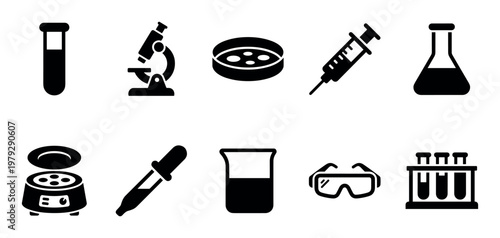 Laboratory equipment and tools icons representing various scientific research, medical testing, and chemical experiment instruments.