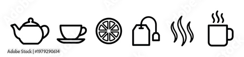 Tea icons set with teapot, cup, lemon, bag, and steam in a minimalist black outline style, perfect for beverage-related designs and web elements.