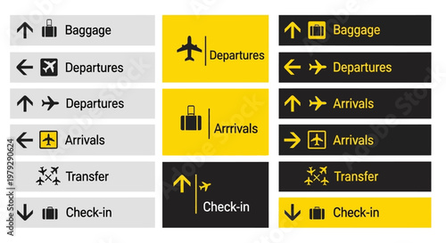 Collection of airport signage icons and symbols for departures, arrivals, baggage, and check-in services