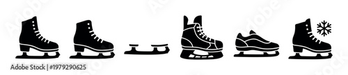 Various ice skates and blades for winter sports activities are depicted as black silhouette icons, representing different styles and cold weather fun.