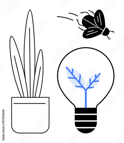 Sustainability, nature, innovation, eco-friendly concepts, renewable energy, organic growth. Potted plant, bug light bulb with tree-thumbs up vein inside. Sustainability and nature concept