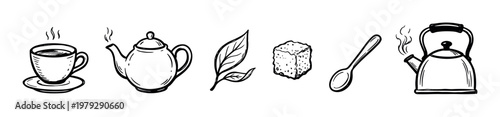Tea preparation elements, including a steaming cup, teapot, and kettle, are depicted in a charming hand-drawn black and white doodle style.