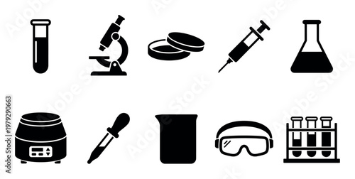 Laboratory equipment icons set representing various scientific research, medical instruments, and safety gear essential for experiments and analysis.