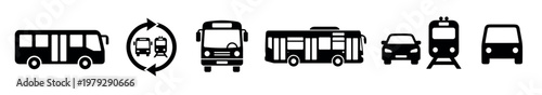 Public transportation vehicle icons representing various modes of travel including buses, cars, and trains for urban mobility and transit solutions.