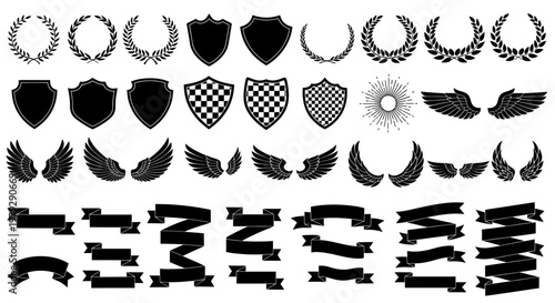 Vector set of diverse graphic design elements heraldic shields, classic laurel wreaths, stylized wings, and elegant ribbon banners, ideal for emblems and badges