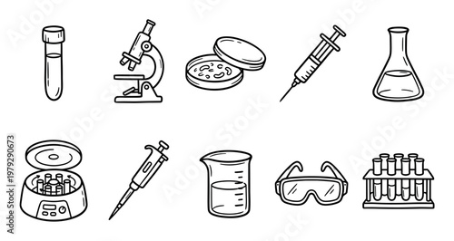Laboratory equipment icons set with various scientific tools including test tubes, microscope, petri dish, syringe, and flask for research and medical concepts.