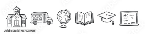 Education icons set featuring school building, bus, globe, book, graduation cap, and blackboard in a hand-drawn style illustration.