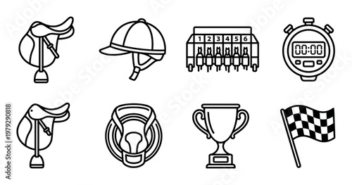 Equestrian sports equipment and racing symbols collection of line art icons illustrating various elements for competition and training.
