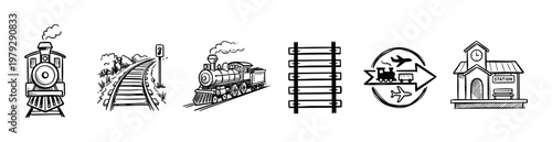 Trains and rail transport hand drawn icons set illustrating locomotives, tracks, and station elements for travel and logistics concepts.