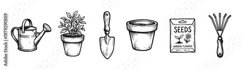 Gardening tools and supplies are essential for planting and growing beautiful flowers and vegetables in a home garden, depicted in a charming hand-drawn sketch style.