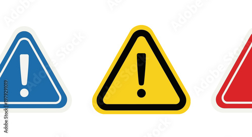 Set of three warning signs in blue, yellow, and red, each with an exclamation mark indicating caution, danger, or alert