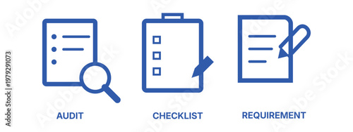 Audit checklist and requirement icons for business evaluation and planning.