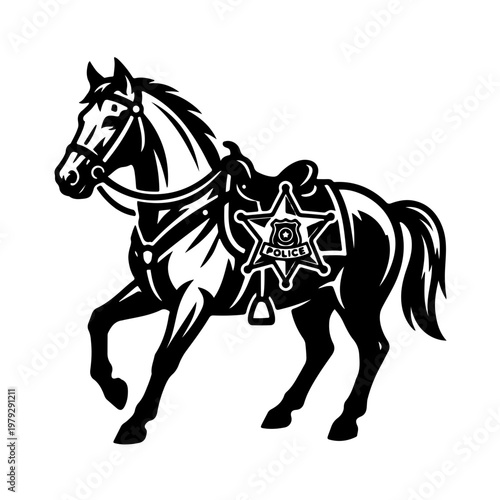 icon featuring a sheriff star badge integrated onto a horse's chest and saddle gear. A perfect symbolic representation of equestrian law enforcement, authority, and official police patrol units.
