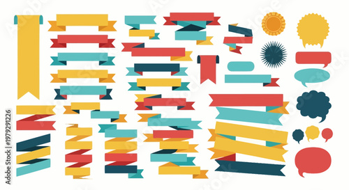 Versatile collection of colorful flat design ribbons, banners, and labels for promotions, web elements, and graphic projects