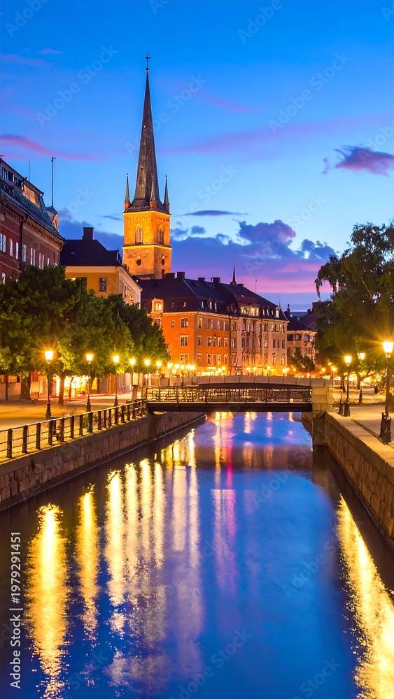 Fototapeta premium A serene cityscape at dusk featuring a canal and historic architecture