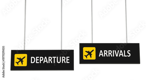 Illuminated airport signs directing passengers to departure and arrival terminals with airplane icons