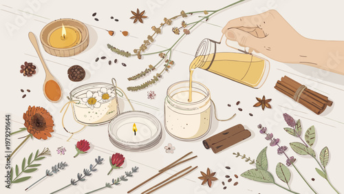 Hand pouring melted wax into a glass jar for homemade candle making with herbs and flowers